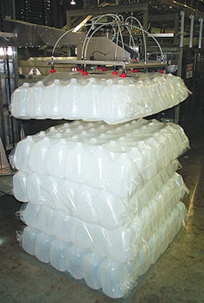 Lengthy line starts with robotic depalletizing where the bagged jugs are picked and placed onto an infeed table for automatic de