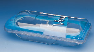 Gillette's new pack for Venus is a clamshell that's opened from the bottom. The collar and brand-printed front flap present the