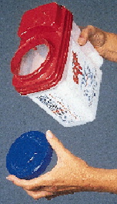 Olin?s four new injection-molded containers for pool chemicals include the 5-lb size (right) with molded hand-grip and product m