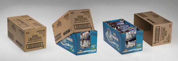 COMPACT KISSES. A retail-ready secondary pack for Hershey's bagged Kisses products makes an attractive shelf display, while mini