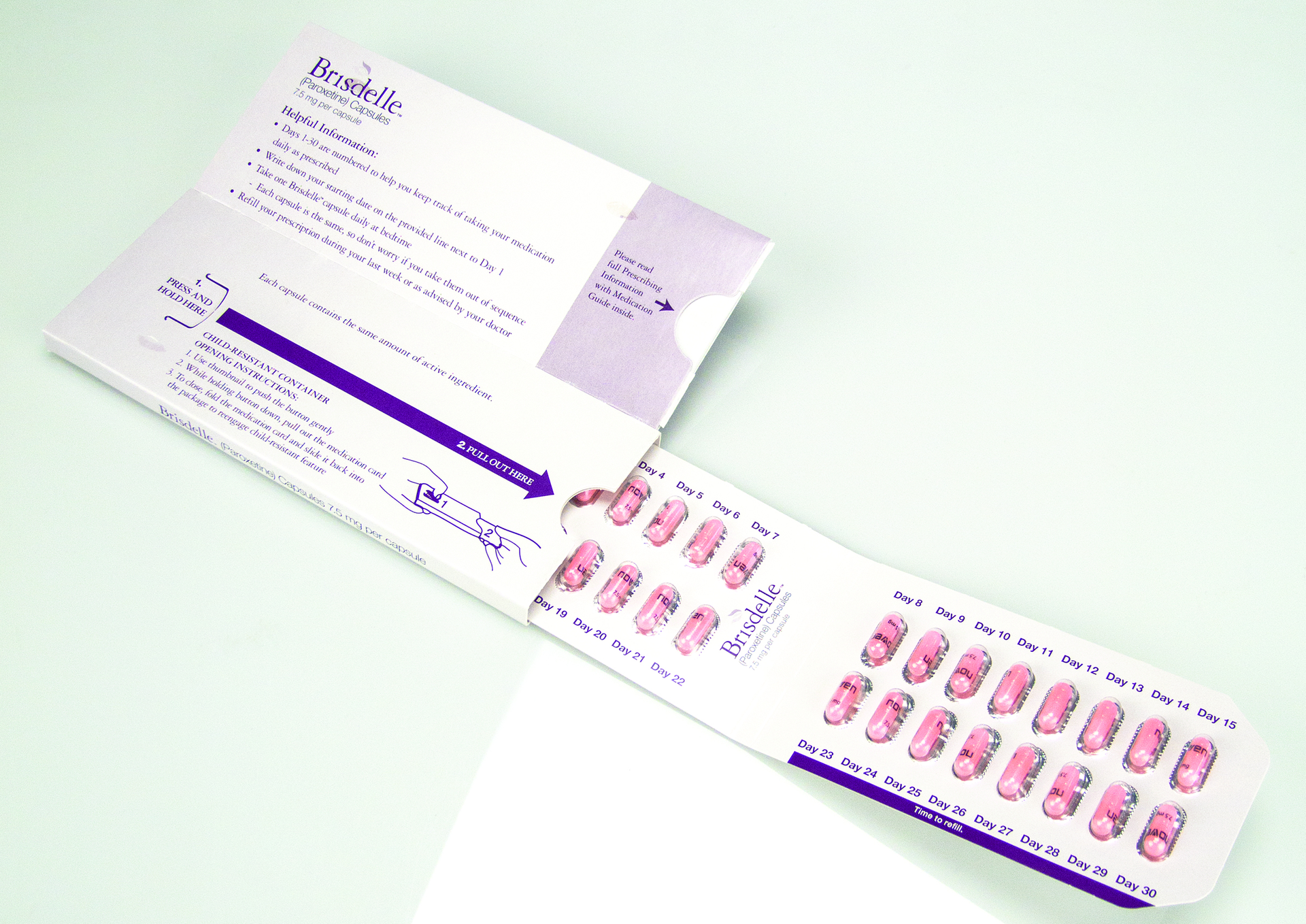 Package of the year: Noven Therapeutics Brisdelle is indicated for the treatment of moderate to severe vasomotor symptoms (VMS) associated with menopause. The Brisdelle compliance design features calendarized dosing for 30 days of therapy, with a designated area for the patient to note the starting date of the therapy.