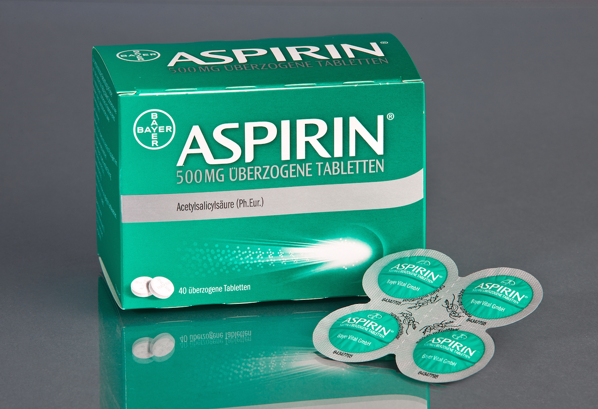 Shown here is Bayer&rsquo;s Shamrock aspirin pack next to its outer folding carton.