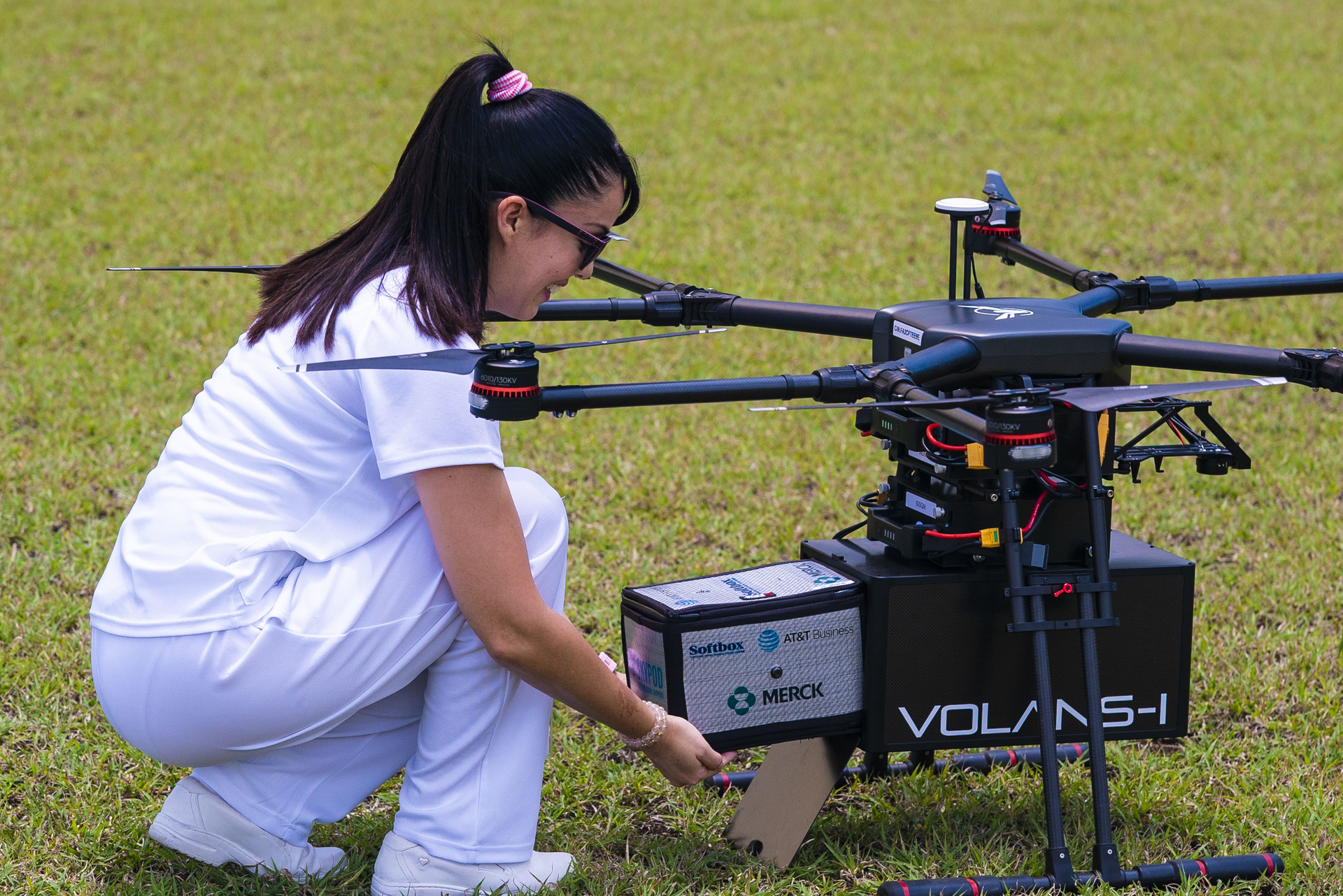 A Merck medication treatment is loaded into a drone for delivery during the &ldquo;Proof of Concept&rdquo; project.