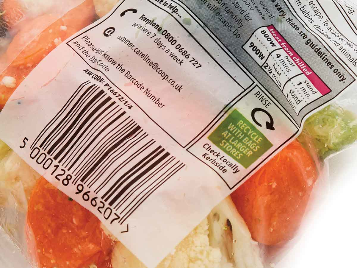 The packs carry the OPRL (On-Pack Recycling Label scheme) 'Recycle with bags at larger stores' label.