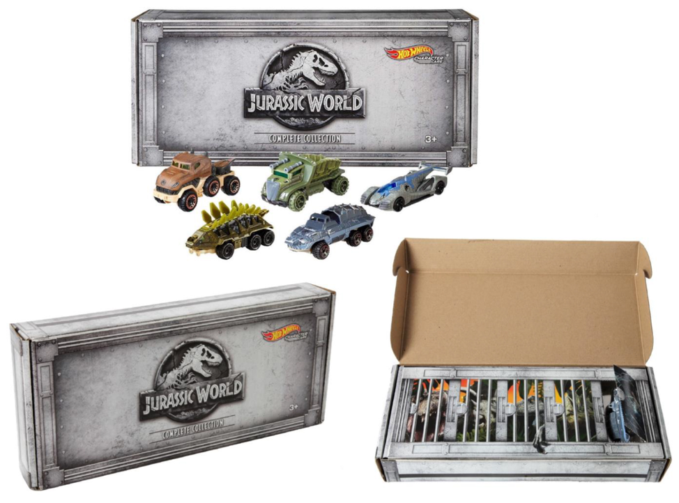 Instead of Jurassic World&trade; individual cars sold in stores from blister card displays, Mattel offers up unique package for e-commerce&mdash;all five cars bundled and held in a &ldquo;dinosaur cage&rdquo; complete with raptor claws printed graphics.