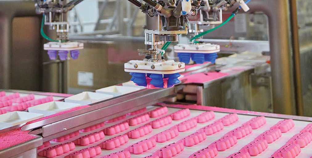 PEEPS are loaded into trays by the JLS Talon&circledR; robotic pick-and-place system, featuring ABB FlexPicker vision-guided robots and Soft Robotics gripper end-of-arm tools.