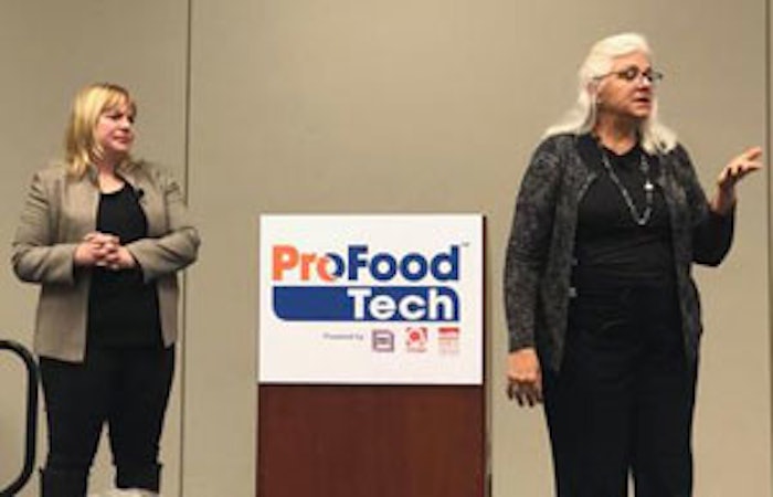Karen Norheim (pictured left), the executive vice president of American Crane & Equipment Corp., and Diane Wolf, who held key global positions for Kraft Foods, share her experiences as women in manufacturing during the PPWLN breakfast at ProFood Tech.