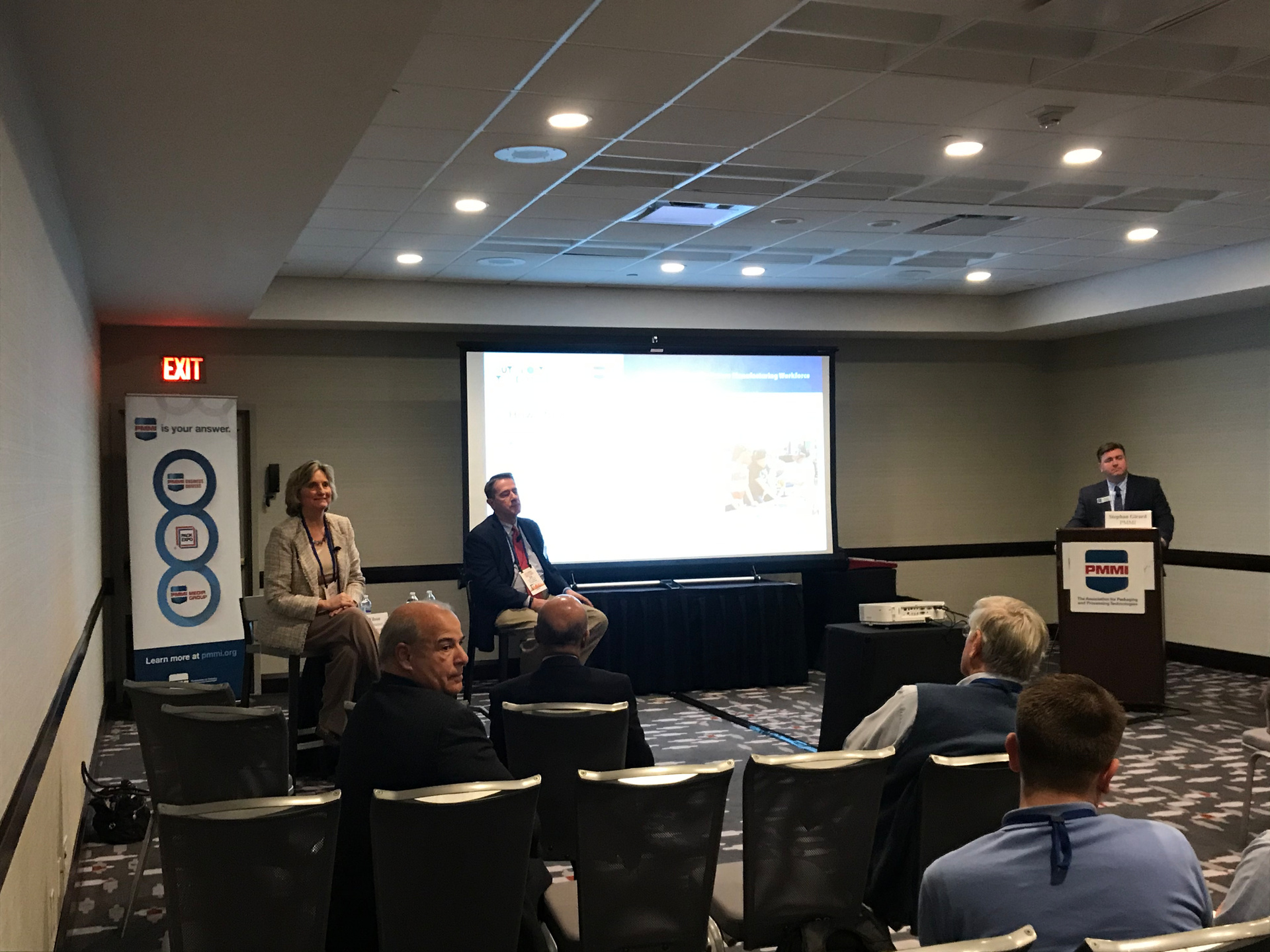 Nancy Wilson, CEO, Morrison Container Handling Solutions, Edward Dernulc, Fabricators & Manufacturers Association, and Stephan Girard, Senior Director, Workforce Development, PMMI, acted as community involvement evangelists at the PMMI Annual Meeting today in Cincinnati.