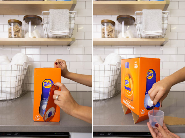 The dispenser nozzle of the Tide Eco-Box is inside the footprint of the package when shipped, and then the consumer pulls it outside of the footprint to use the detergent.