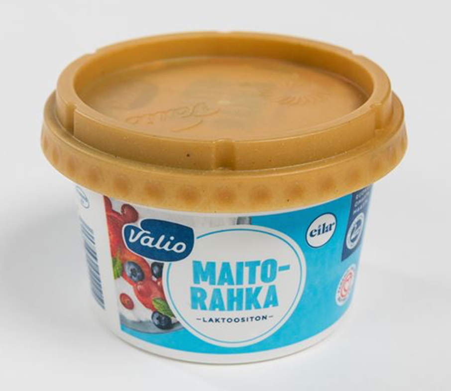 Valio of Finland is testing this injection-molded lid made of a biocomposite.