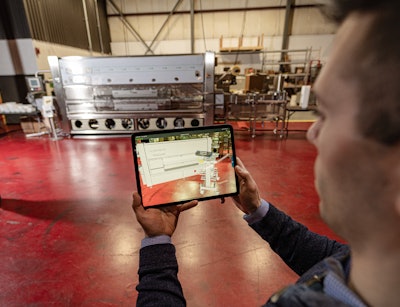 Carlo Bergonzi shows how augmented reality (AR) provides an interactive experience in which digital information or representation can overlay a physical machine, in this case the G. Mondini Trave tray sealer. Using FactoryTalk InnovationSuite Vuforia, digital tags can be pinned around the 3D space of the machine, so, as the user walks around the machine they can see the technician’s notes or step-by-step instructions on how to service the machine, for example. It provides everything you need to know about the physical machine—where it’s made, what it’s made of, what settings it should be on, how to take it apart and how to put it back together—everything is available providing on-demand knowledge with rich context that allows you to see exactly how to work with the system.