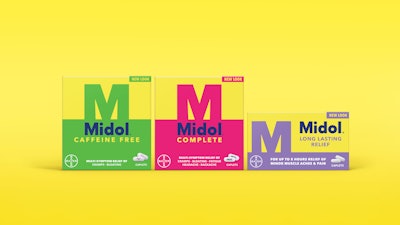Color differentiates the multi-purpose SKUs that constitute the Midol brand family.