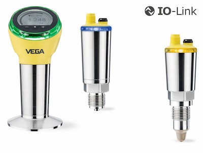 Vegabar compact pressure sensors with switch function and Vegapoint capacitive level switches feature a 360-deg status display, which can be set to any of 256 different colors and easily seen from any direction. Photo courtesy of Vega.