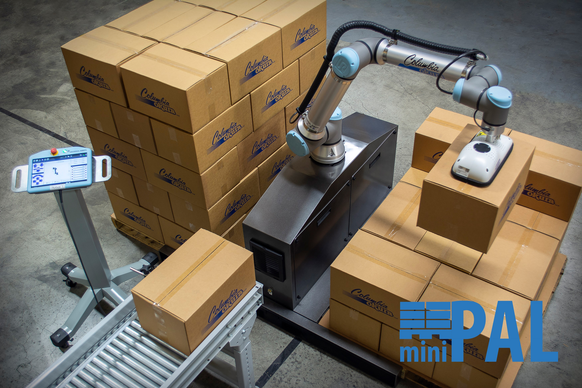 In fall of 2019, Columbia/Okura and Universal Robots developed the miniPAL, a mobile palletizing cobot integrating Universal Robot&rsquo;s UR10e.