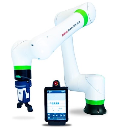 The 10 kg-payload Fanuc cobot, Fanuc CRX-10iA cobot is mounted on a lightweight, mobile structure that can move the robot around a work cell.