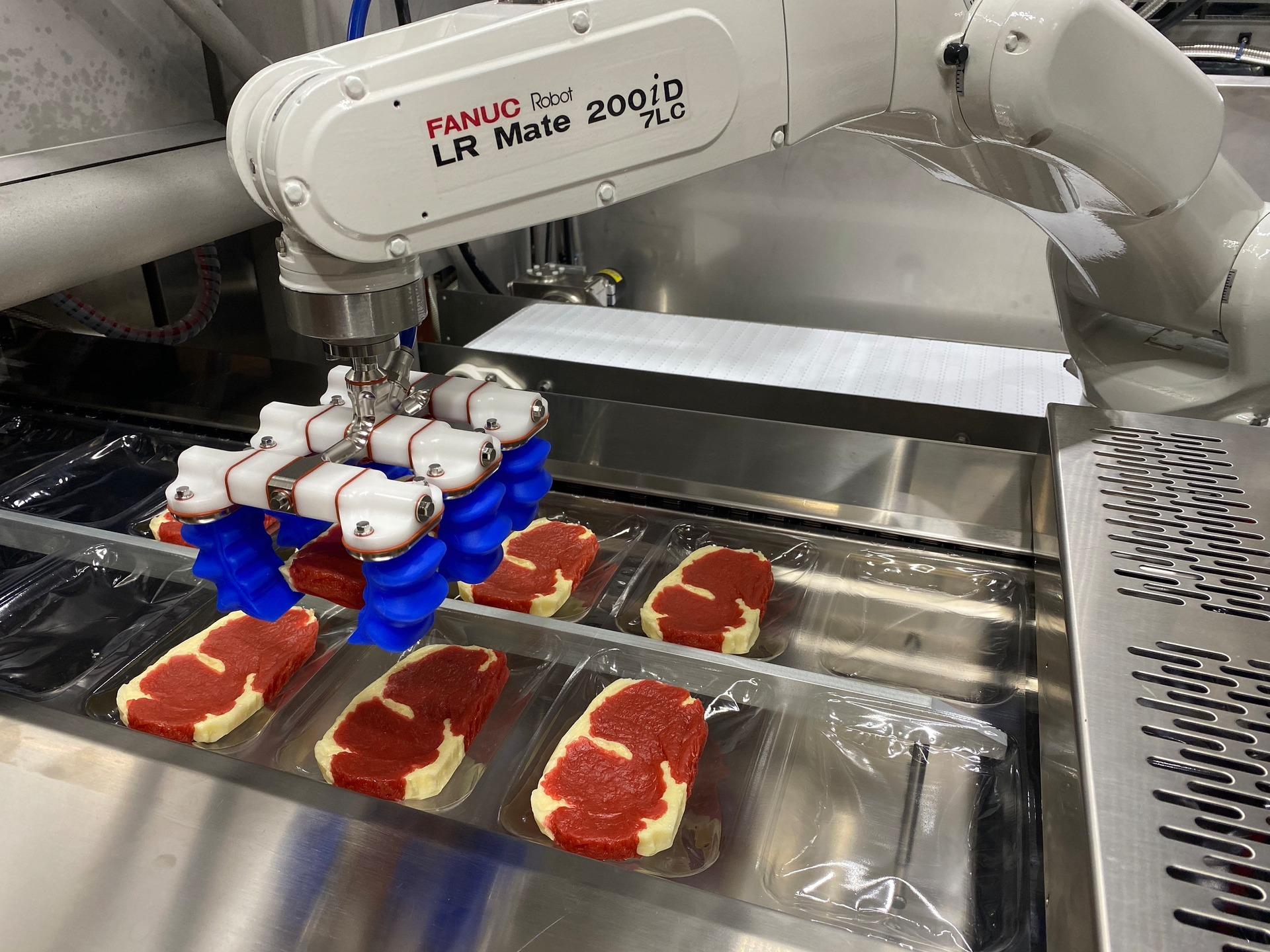 Quest developed a flexible robotic system to load meat and poultry into an Ossid ReeForm E40 thermoformer.