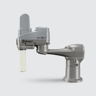 Stäubli’s solution for the food industry is the TS2 HE four-axis SCARA pick-and-place robot.