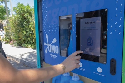 An RFID reader on the refill machine reads the RFID tag on the consumer’s bottle, which is connected to their smartphone app account and advises the machine how much product to dispense.