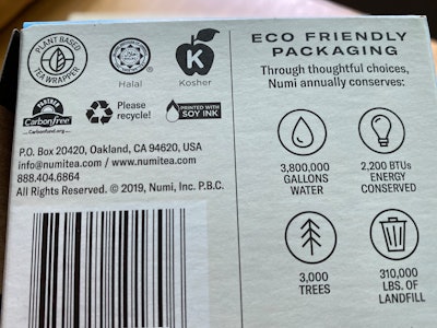 Included on the bottom of the folding carton is the 'PLANT BASED TEA WRAPPER' message.