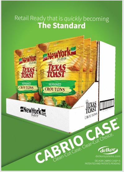 Lancaster Colony switched to Delkor’s Cabrio Case® single-piece tray-hood SRP for its flexible pouches of croutons.
