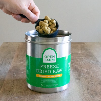 The final package is a stainless-steel tin that holds 13.5 oz of either Freeze Dried Raw Harvest Chicken or Pasture-Raised Lamb product, with no inner bag needed.