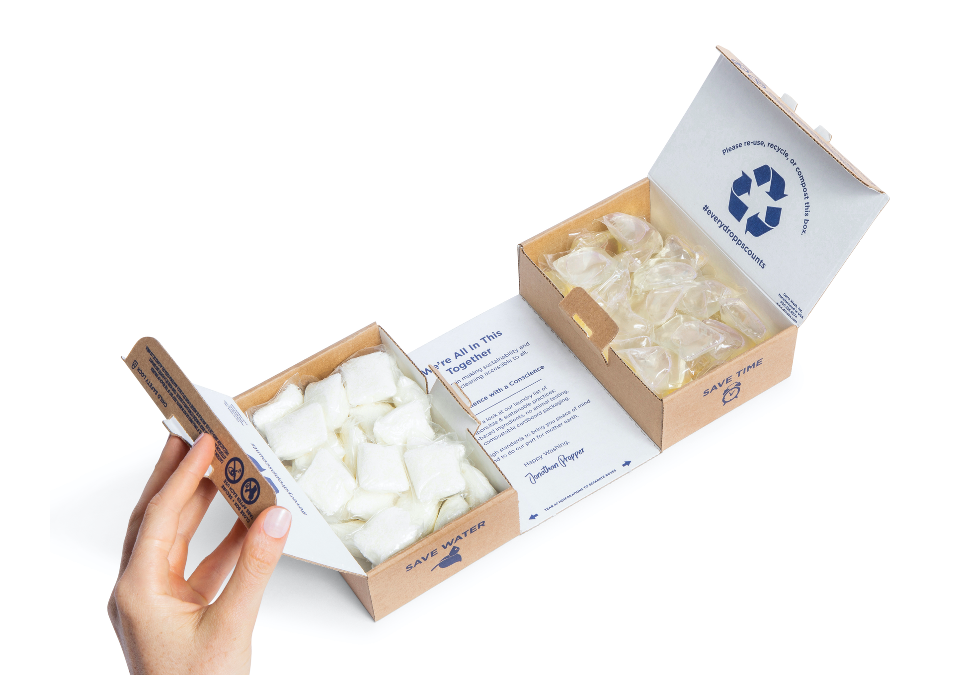 The shipper for Dropps&rsquo; 64-ct order is a unique construction of two tuck-top E-flute corrugated boxes, each holding 32 pods, that are connected at the bottom with a perforated panel.