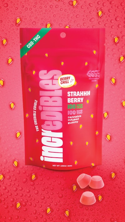 Some states prohibit depictions of real food on cannabis packs. So for this gummy pouch, color and design have to communicate flavor.