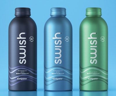 Swish mouthwash in its impact-extruded aluminum bottle stands out from the ubiquitous clear plastic bottles that dominate the category. Messaging on the sidewall emphasizes that the package is a “forever recyclable aluminum bottle.”