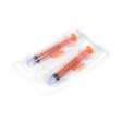 Medical syringe in flexible thermoformed packaging.