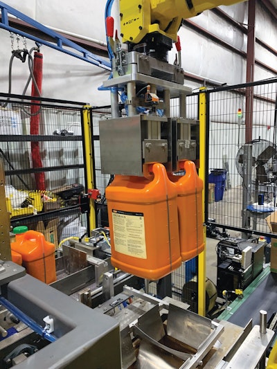 Mechanical end effectors include two pneumatically driven clamps to mechanically close on the containers and help minimize excessive swaying.