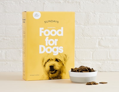 The ready-to-eat food is sold in three box sizes—40, 72, and 144 oz—decorated in a sunny yellow with a photo of the Waxmans' dog Mabel.