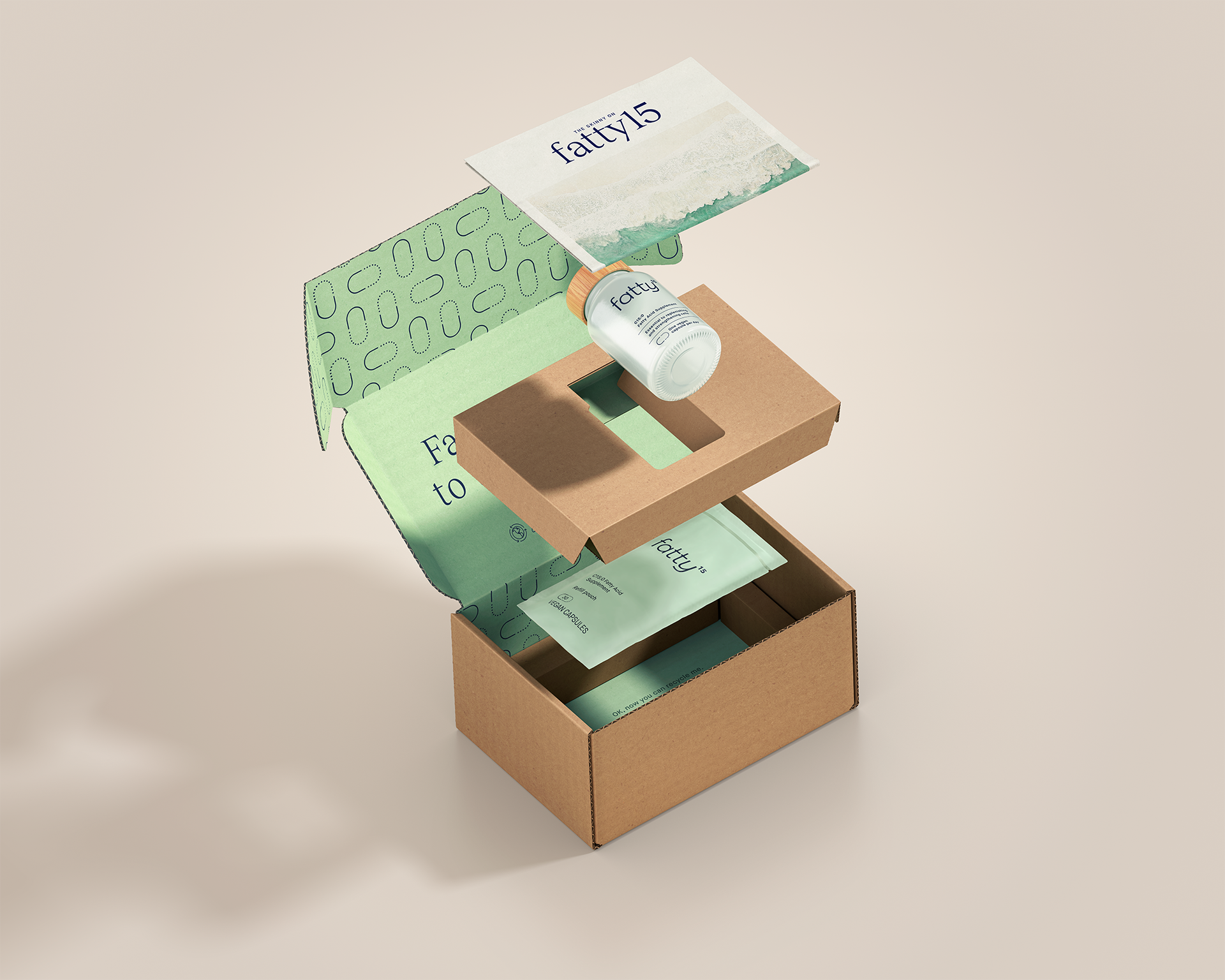 An exploded view of the Fatty 15 starter kit demonstrates the use of corrugated inserts to safely handle a glass bottle through the many-touchpoint e-comm channel in a compact format without extra space or the need for dunnage.