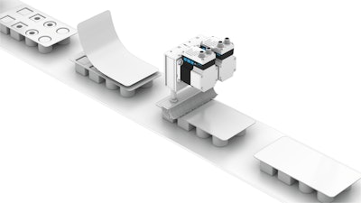 The EPCE compact electric cylinder, part of Festo’s Simplified Motion Series, provides an economical electric solution for basic end-to-end motion. In this application, two rods extend to adhere a cover to a package by applying a gentle/even brushing action.