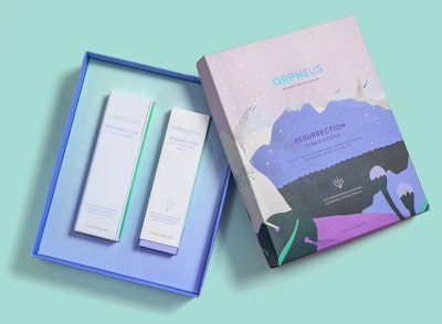 Clean skincare brand ORPHEUS uses soft organic shapes and colors on its packaging to create the image of a stunning ethereal landscape.