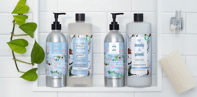 Love Beauty and Planet’s refillable aluminum bottle and PET refill bottle for Coconut Water & Mimosa Flower.