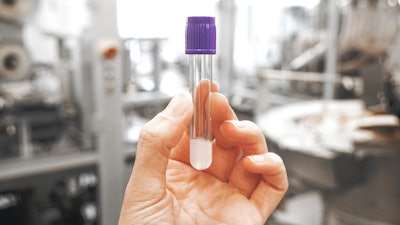 Ready-assembled blood collection tube filled with gel and sealed under vacuum. Further processing involves labeling and placing them into styrofoam trays. (Source: Optima)