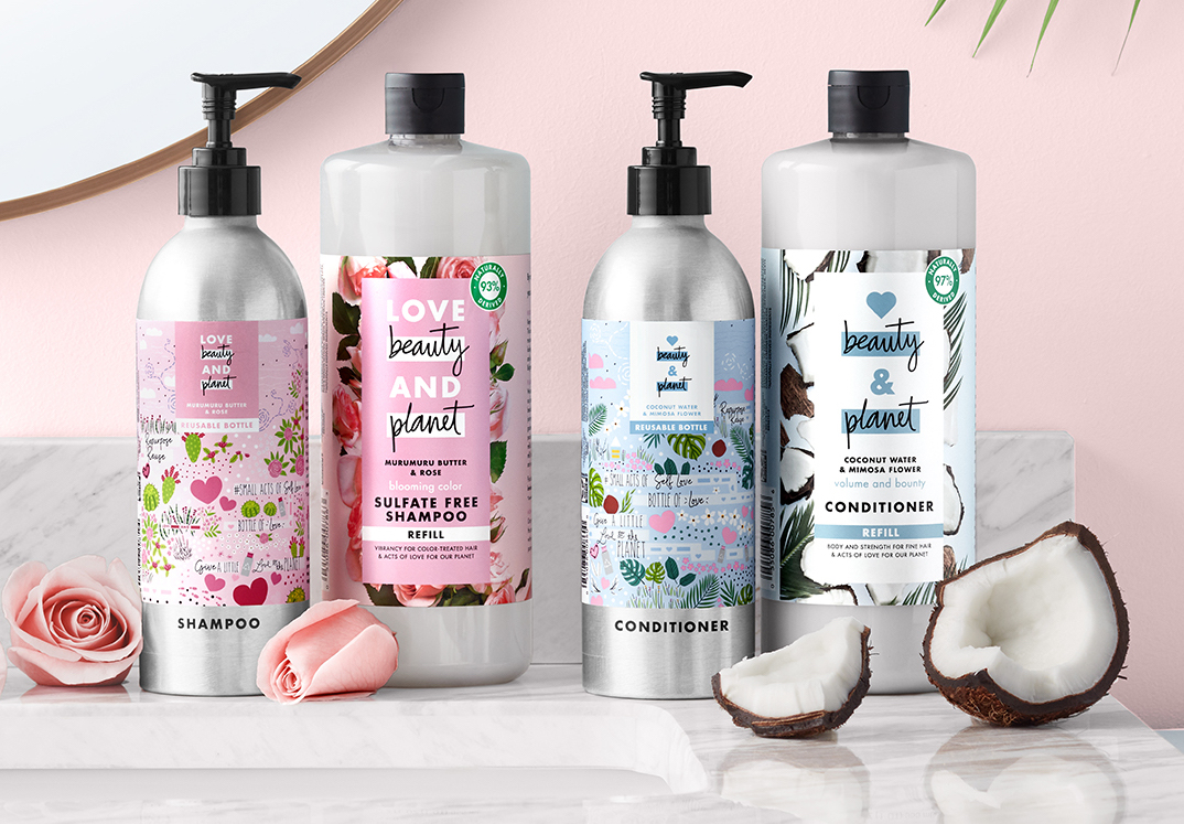 Love Beauty and Planet launched 16-oz reusable aluminum bottles and 32.3-oz 100% rPET refill bottles for two formulas of its shampoo and conditioner at Target in April 2021.