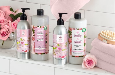 Love Beauty and Planet’s refillable aluminum bottle and PET refill bottle for Murumuru Butter & Rose.