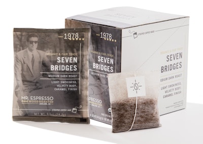 Mr. Espresso Fair Trade/Organic Seven Bridges Blend in Steeped bags is available in an 8-ct carton.
