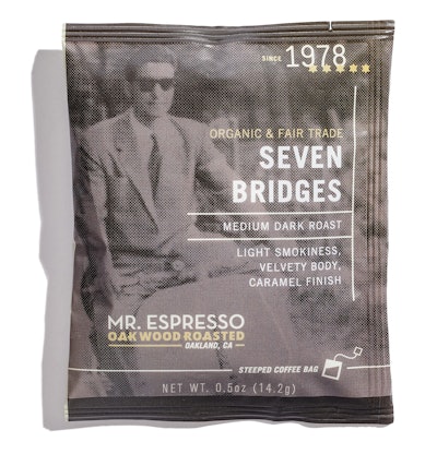 The sachet holding the full-immersion filter bag is nitrogen dosed to ensure the coffee remains fresh. Mr. Espresso founder Carlo Di Ruocco is pictured on the bag.