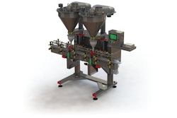 The M302L, an in-line twin-auger filling system, elevates the container with each fill cycle and then vibrates it on its way down so that product can settle.