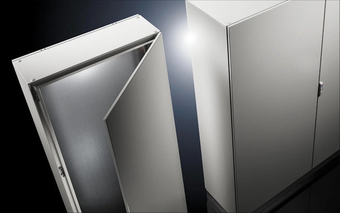 In contrast to baying enclosures with a frame and removable side panels, the free-standing enclosure has an all-in-one body made from a single piece of steel sheet or stainless steel. Image may be reproduced. Source: Rittal North America.