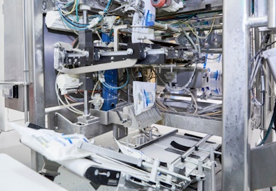 Zipper bags can be processed at 70 bags per minute with the new VFFS bagger. Changeovers take about 30 minutes to replace the forming tube, jaws, vertical sealer, and cross seal.