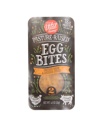 The lidding material is a polyethylene-based multilayer structure with an EVOH barrier. The lidding is flexographically printed in four colors and uses a transparent window to display the egg bite within.