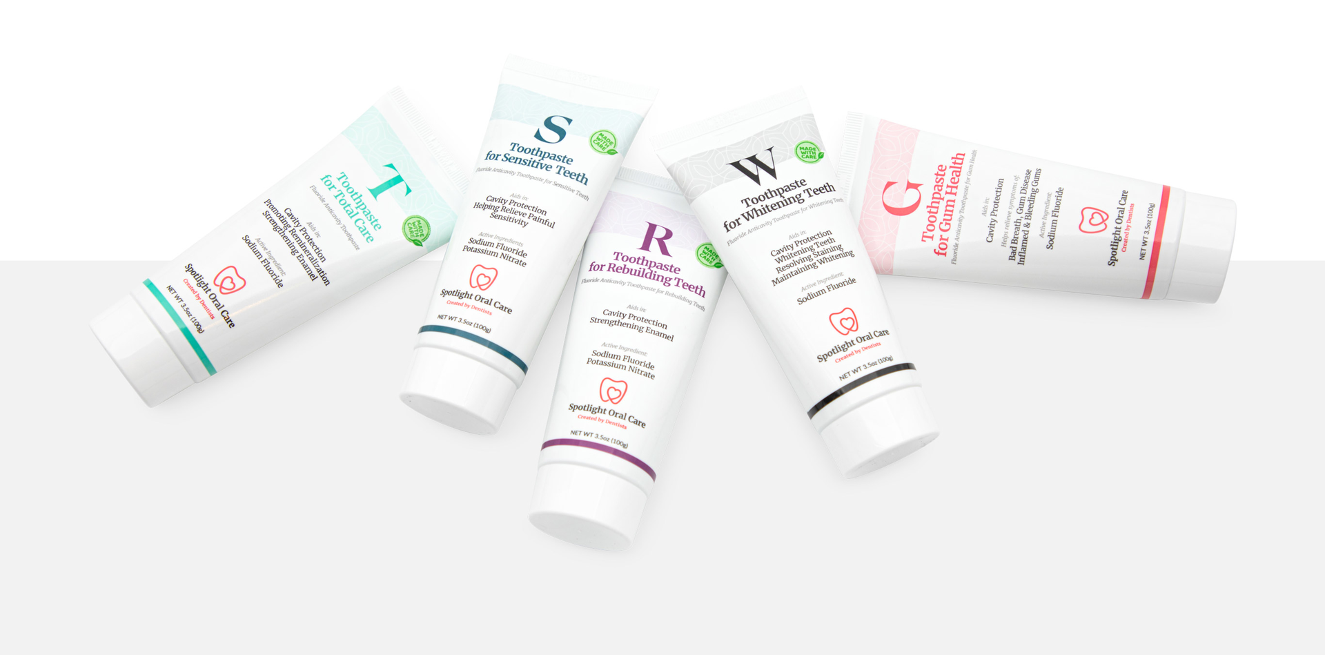 The biopolymer tube is being used for Spotlight&rsquo;s line of five toothpaste varieties, each formulated for a specific concern.