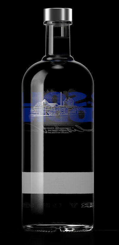 On the back of the bottle is an illustration of the original distillery along with the text, 'One Source. One Community. One Small Village in the South of Sweden.'