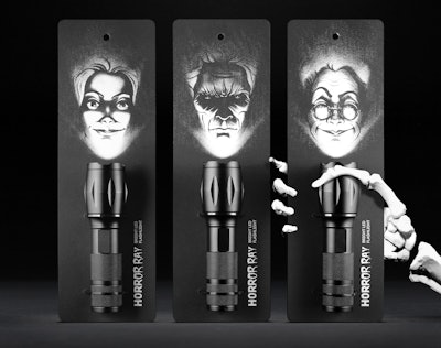 The package design for the Horror Ray flashlight, a product designed for children attending summer camp, is loaded with evocative storytelling.