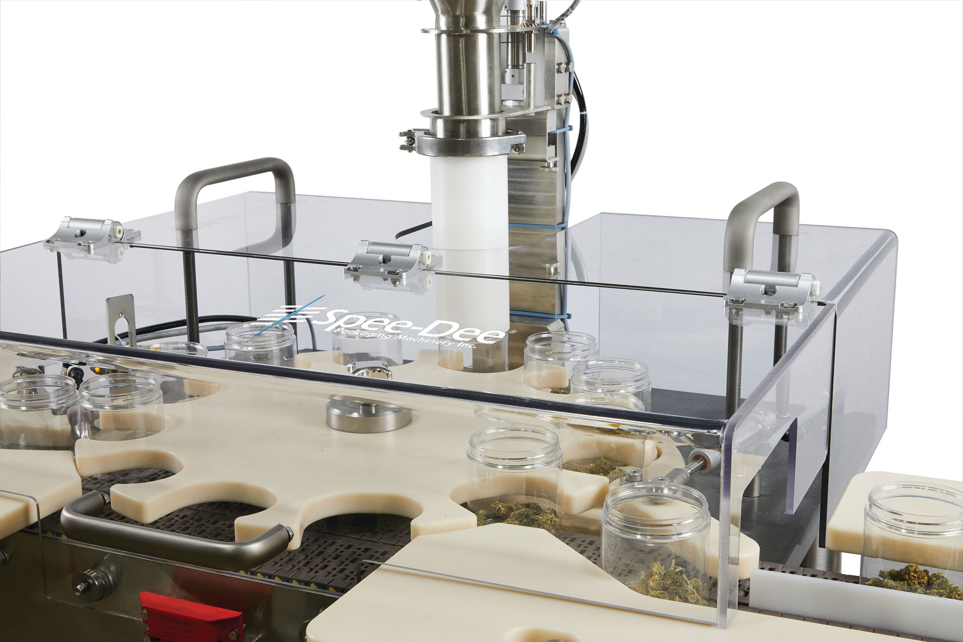 The tare gross weighing system accounts for variable-weight glass jars by weighing the empty jar, filling the jar with cannabis flower, weighing the filled jar, and finally validating the contents&rsquo; weight by comparing the feeding scale weight with the post-fill scale weight.