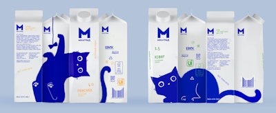 The blue cat on Milgrad’s dairy drink packaging delightfully wraps around the packaging designs and across the range.