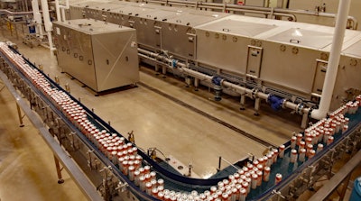The Krones pasteurizer handles 25,000 cans at a time, pasteurizing each for 45 minutes at 165°F.